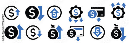Money growth and decline icons with upward and downward arrows and gear symbols