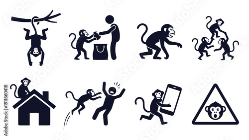 Monkey icons showing playful and mischievous behavior with humans and environment