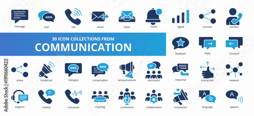 Set of 30 collection of communication icons suitable for web and mobile application. Set of glyph blue style icons with message, chat, call, email, inbox, and more icons.