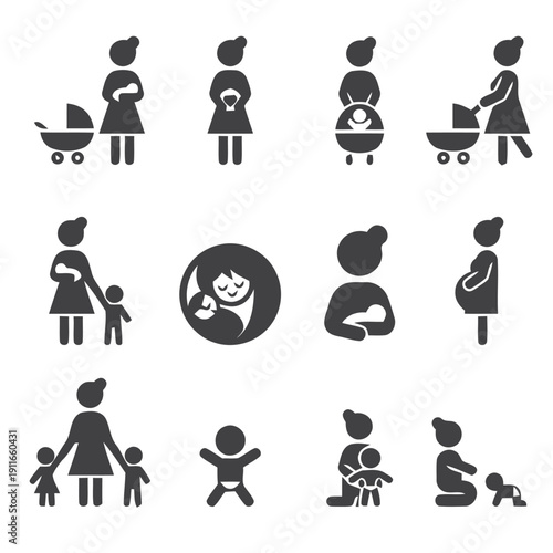 Motherhood and childhood icons set vector illustration concept of family life and stages