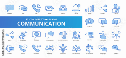 Set of 30 collection of communication icons suitable for web and mobile application. Set of outline blue style icons with message, chat, call, email, inbox, and more icons.