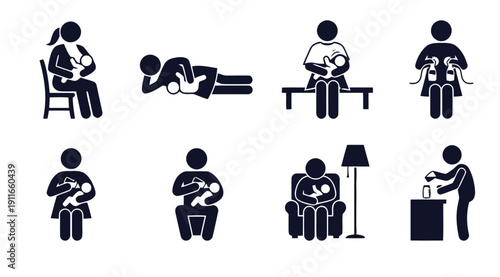 Mother and baby breastfeeding and bottle feeding stick figures icons