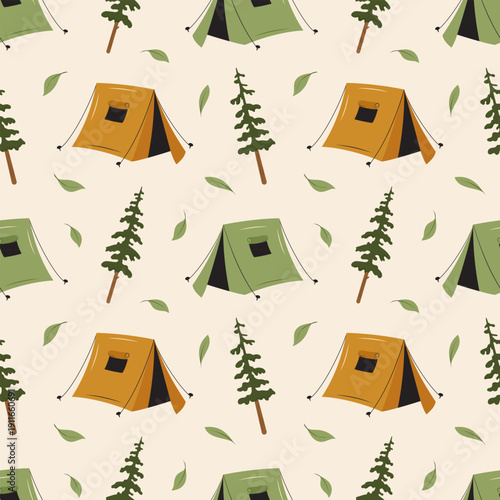 Seamless camping pattern with tent, pine tree and leaf on light background. Outdoor adventure wallpaper for textile, fabric, wrapping paper, print and travel design.