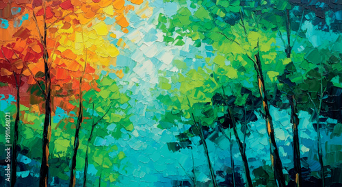 Vibrant abstract painting depicts colorful trees against a bright, blurred sky.