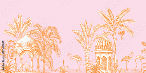 Jungle island toile seamless border. Tropical palm tree, banana, pavilion, plant, flamingo mural.