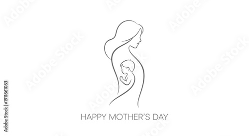 Line drawing of a mother holding her baby, Happy Mother's Day text, minimalist vector illustration isolated on transparent background