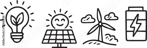 Clean Energy Icons Set – Eco Bulb, Solar Panel, Wind Turbine, Battery Storage.