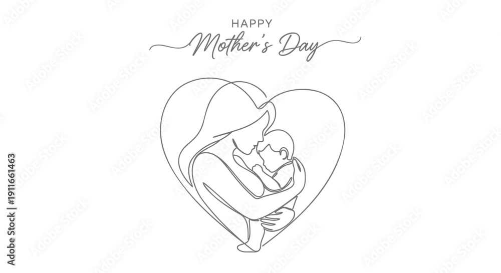 Fototapeta premium Mother's Day greeting card with line drawing of mother and baby in heart shape isolated on transparent background