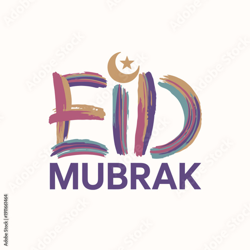 Colorful Eid Mubarak typography with crescent moon and star 1