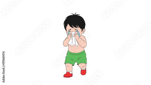 Cute cartoon illustration of a young boy in green shorts crying while using a white tissue to wipe his runny nose from a cold or flu.
