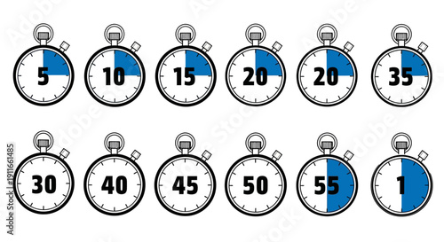 Stopwatches displaying various times from 5 to 55 seconds in incremental order