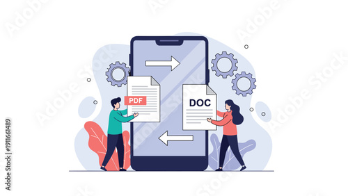 Concept of digital document conversion showing people moving pdf and doc files on a large mobile phone screen with mechanical gears.