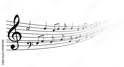 Musical notes flowing from treble clef on staff lines, illustrating melody and harmony in a dynamic, wavelike motion