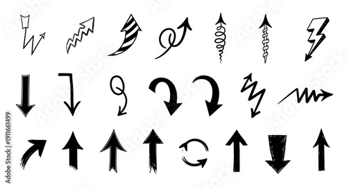Collection of various abstract black arrows and symbols on a plain background, showcasing different directions and styles