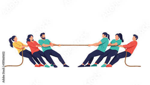 Two teams of strong people competing in a tug of war game by pulling a thick rope in opposite directions to win a strength challenge.