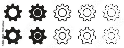 Multiple sets of gear icons and clapping hands icons with different styles and backgrounds
