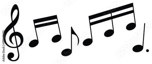 Music notes and symbols, treble clef, eighth notes, sixteenth notes, and dotted eighth note