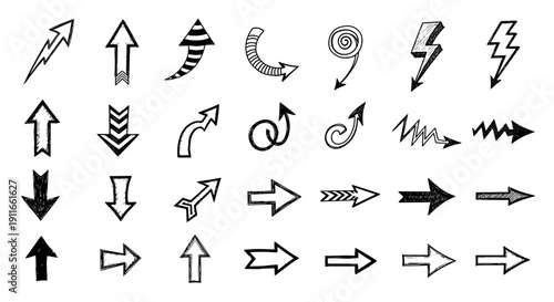 Collection of various black arrow icons pointing in different directions on a plain white background