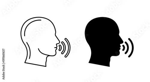 Two human heads communicating with each other through speech sound waves depicted in profile view