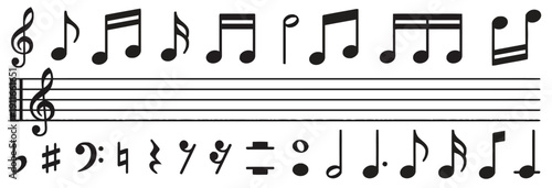 Musical notes and symbols on a staff, representing music and sound concepts