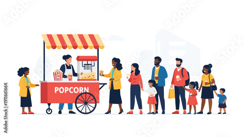 Large group of diverse people including families and children standing in a long queue at a red popcorn stall to buy tasty snacks.