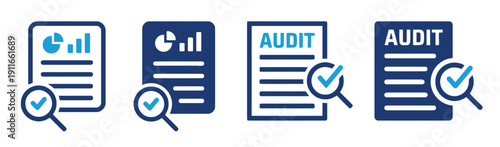 Navy blue and blue icons symbolizing audit process and document verification