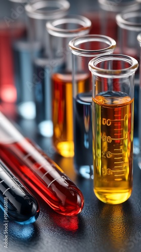 This scientific glassware set includes test tubes filled with various colored liquids for chemical research and medical analysis in laboratory experiments.