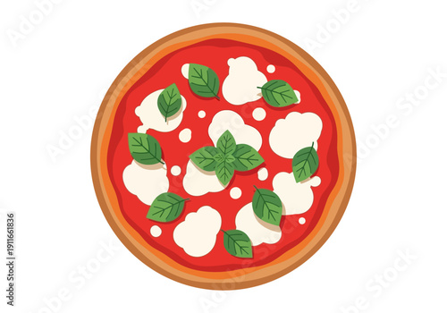 A delicious pizza topped with mozzarella cheese and fresh basil leaves on a wooden plate viewed from above in a culinary setting
