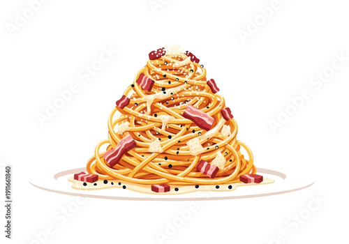 A vibrant illustration of a towering spaghetti dish with savory sausages on a clean white plate from a straightforward viewpoint