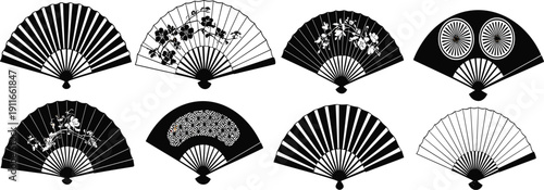 Traditional Japanese folding fan vector set with decorative floral patterns, elegant oriental hand fan collection isolated background