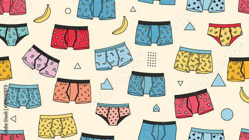 Seamless repeating pattern of various men's underwear including boxers and briefs with colorful designs, geometric shapes, and bananas.