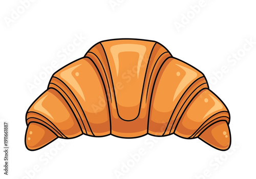 A delicious croissant, freshly baked, on a clean white surface, viewed from directly above, showcasing its flaky layers and golden color