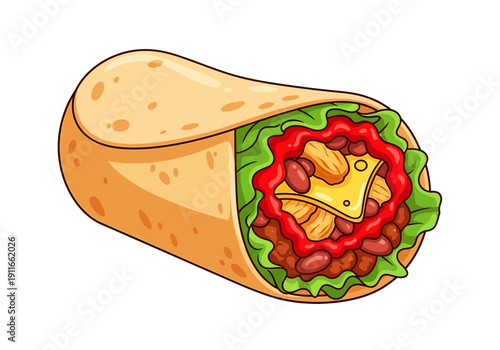 A vibrant cartoon illustration of a burrito filled with meat, cheese, and vegetables, wrapped in a tortilla, viewed from the side.