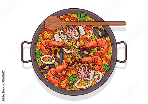 Delicious seafood paella dish with shrimp, vegetables, and a wooden spoon in a large pan viewed from above in a traditional cooking environment