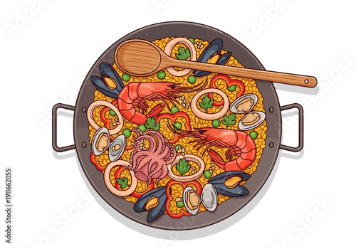 Traditional Spanish Paella Dish with Seafood and Sausage in a Large Pan