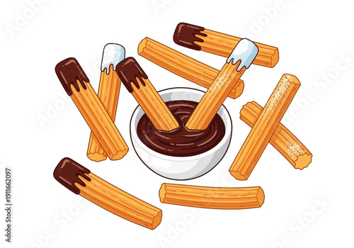 Delicious churros dipped in chocolate sauce in a bowl, top view, sweet treats, food illustration, dessert