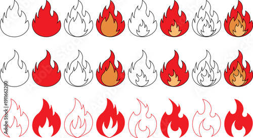 Vector illustration set of fire flames icons with hot burning flame symbols in red and yellow design