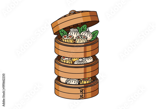 Steamed Dumplings Served in a Traditional Wooden Stacker with Various Fillings, Illustration, Front View