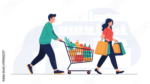 Young man pushing a grocery cart and a woman carrying shopping bags walking together through a supermarket aisle filled with products.