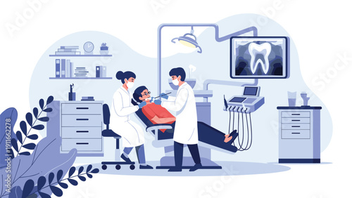Modern dental clinic interior with professional dentists in white coats and masks treating a patient in a comfortable dental chair.