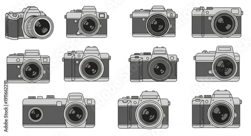 Collection of vintage film cameras arranged in a grid pattern.