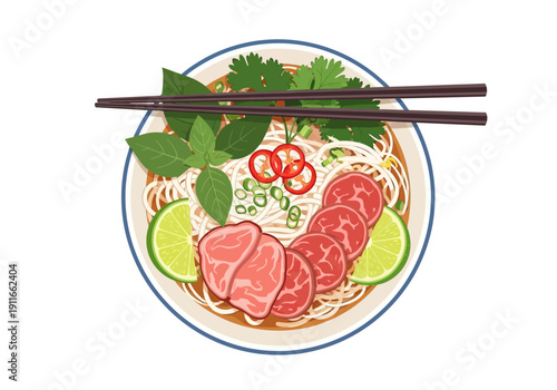 A bowl of Vietnamese noodle soup with raw beef, herbs, and chopsticks on top, served in a white bowl.
