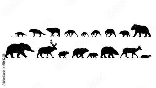 Collection of Walking Wild Animal Silhouettes in Linocut Texture Style on Light Background