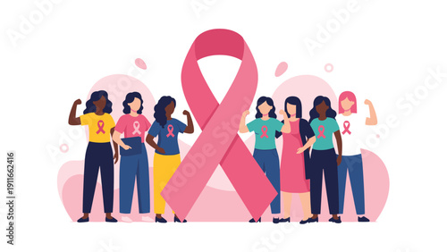 Large group of diverse and empowered women standing together in support of breast cancer awareness month with a big pink ribbon.
