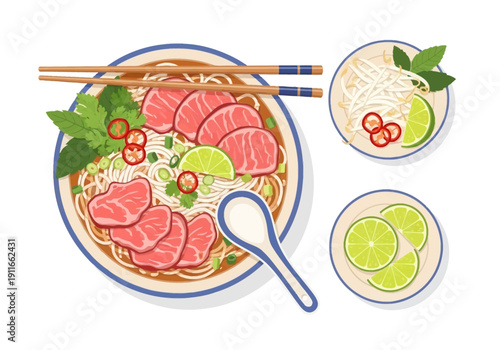 Illustration of raw beef slices and noodles in a bowl with chopsticks, spoon, and condiments on the side
