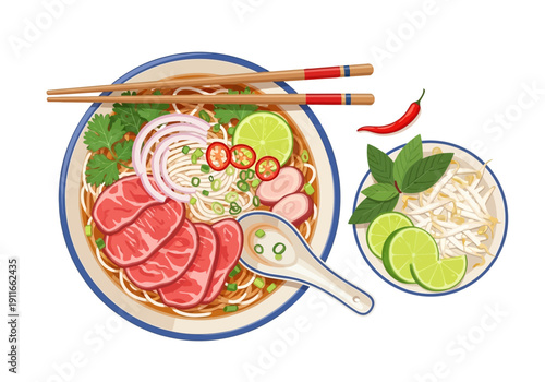 A digital illustration of a bowl of Pho with raw beef, noodles, and fresh herbs, accompanied by a side of lime and chili, viewed from directly above.