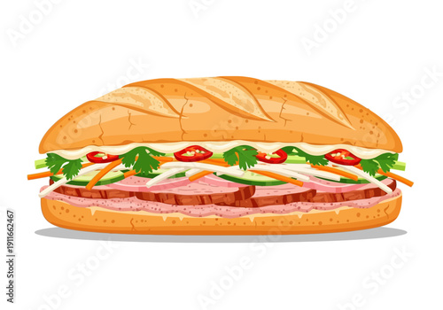 A delicious sandwich with ham, cheese, and vegetables on a crusty bread, viewed from the side