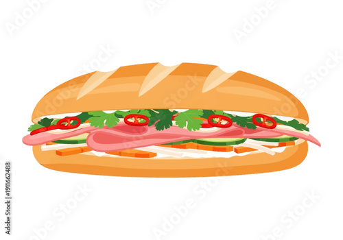 A delicious sandwich with ham, lettuce, and tomatoes on a crusty bread, viewed from the side