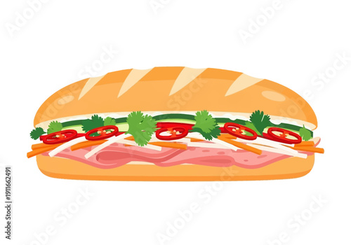 A delicious sandwich with ham, tomatoes, and lettuce, served on a long crusty bread roll, viewed from the side.