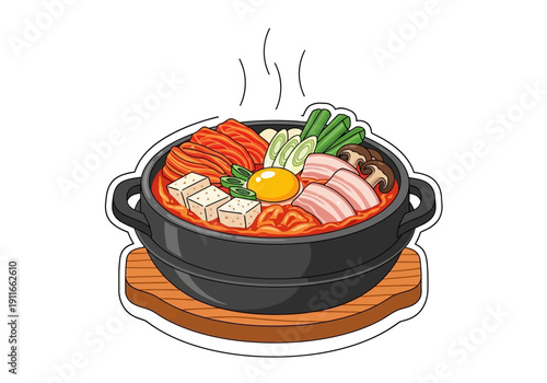 A steaming hot pot of Korean-style Budae Jjigae on a wooden board, viewed from above, showcasing various ingredients and a raw egg yolk.